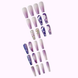 24 Pcs Press on Nails Long Violet Fake Nails Purple Press on Nails Full Cover Reusable Coffin False Nails with Rhinestone Designs Extra Long Glue on Nails Artificial Acrylic Nails for Women and Girls