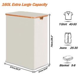 efluky Laundry Hamper with Lid, Trio Laundry Hamper with 3 Removable Bags, 3 Section Laundry Basket with Bamboo Handles for Bathroom, Bedroom & Laundry Room, 160L Beige