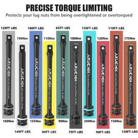 ARUCMIN 1/2" Drive Torque Limiting Extension Bar Set, 10-Piece Lug Nut Torque Stick Set With 8 Inch Color-Coded 65 to 150 Ft-Lbs Torque Sticks