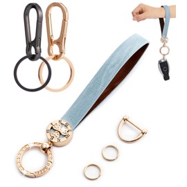 YILANFULL Key Rings for Car Keys, Leather Wristlet Keychain Wrist Key Chain with Anti-Lost D Ring for Women (Light Blue)