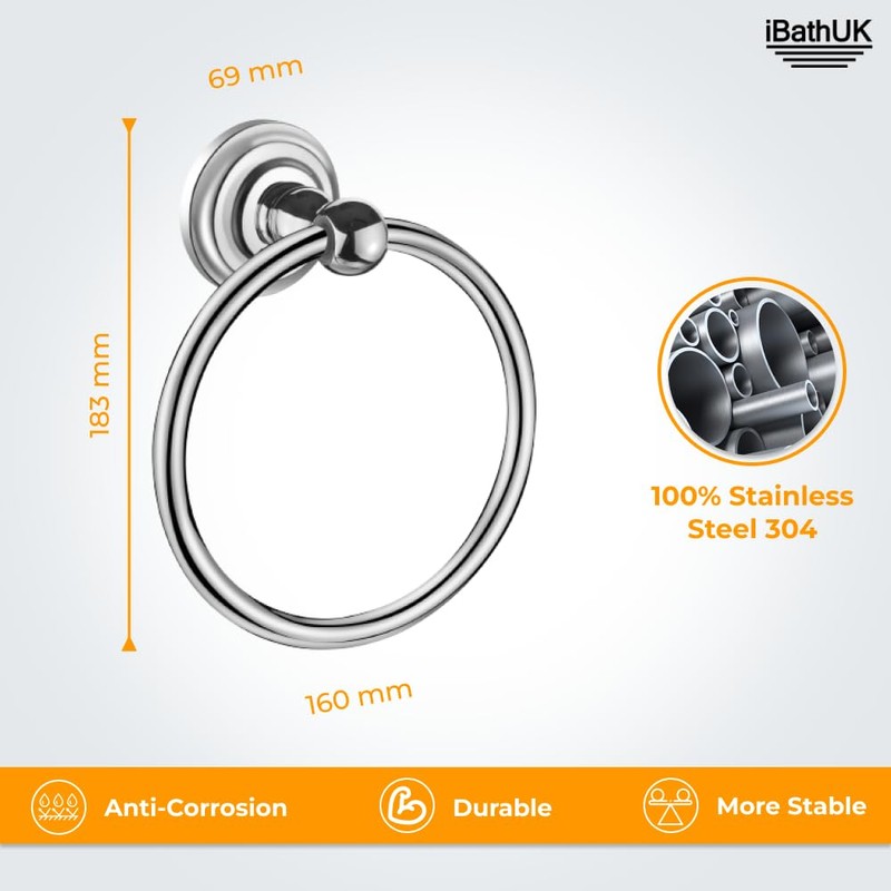 iBathUK Traditional Chrome Towel Ring Holder Wall Mount Round Bathroom
