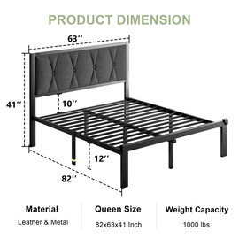 Feonase Queen Metal Bed Frame with Fabric Button Tufted Headboard, Platform Bed with Heavy Duty Metal Slats, 12 Inch Storage Space, Noise Free, No Box Spring Needed, Dark Grey