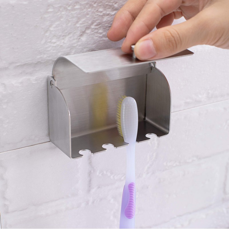 6-Slot Stainless Steel Toothbrush Holder with Cover - Wall Mounted,