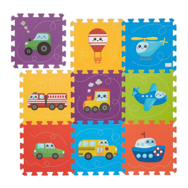 Relaxdays Puzzle Mat Vehicles 9-Piece Play Mat Non-Toxic Washable Foam
