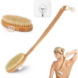 Bath Brush with Long Handle,exfoliating Bath Brush, Back Scrubber for shower,Back Brush Removable Long Handle, 2 x Brush Heads,Natural Bristles, for While Bathing Cleans The Body Easily