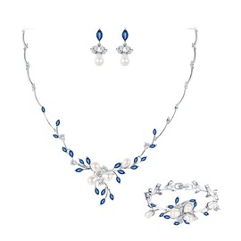 EVER FAITH Wedding Jewelry Set for Bride, Simulated Pearl Marquise CZ Flower Filigree Necklace Earrings Bracelet Set for Women Blue Silver-Tone