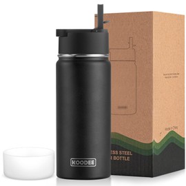Koodee Water Bottle for Boy 16 oz Stainless Steel Vacuum Insulated Wide Mouth Sports Water Bottle with Straw Lid-Reusable Metal Water Flask BPA Free (Black)