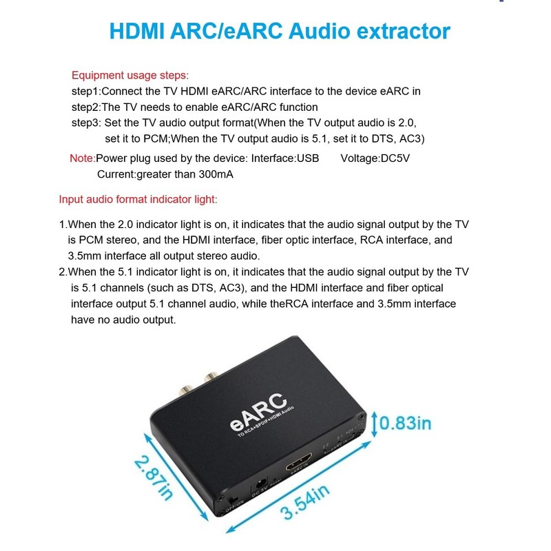 HDMI Earc/arc Audio Extractor, HDMI Earc to RCA R/L+ Optical+3.5mm