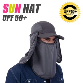 USHAKE Sun Cap Fishing Hat Baseball Cap with Face Neck Cover Flap, Light Grey Dark Grey, 7 1/8-7 1/2