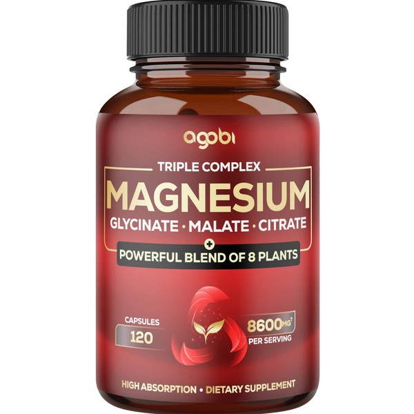 Magnesium Triple Complex - 600mg Magnesium Glycinate, Malate & Citrate - Added Spinach, Swiss Chard & Others - Support Calm, Restful Mood & Muscle Cramp - 120 Capsules
