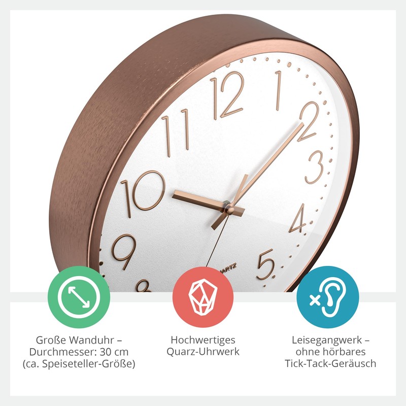 Mebus Wall Clock, Plastic Aluminium, White, 30 cm