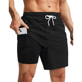 Viodia Men's Swim Trunks with Compression Liner Quick Dry Board Shorts Swimsuit Swimwear for Men with Zipper Pockets Black