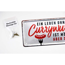 helges-shop Ein Leben ohne Currywurst - Funny Metal Sign with Funny Saying for Friends This Specialty - Retro Decorative Sign for Kitchen Snack Man Cave - Gift Idea for Curry Fans - 28 x 12 cm