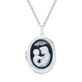 She Vintage Victorian Style Black Blue White Carved Mother and Child Loving Cameo Photo Locket Pendant Son Daughter Necklace .925 Sterling Silver Women Hold Picture Engraved, Sterling Silver, Other.