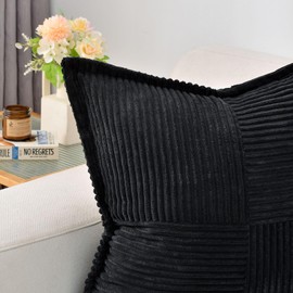 HAUSSY Black Small Throw Pillow Covers 12x12 Inch Set of 2, Soft Solid Corduroy Striped/Wide Bordered,Square Decorative Cushion Case,Modern Home Decor for Couch,Bed