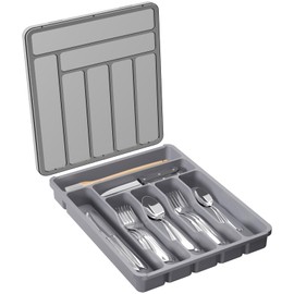 Lifewit Silverware Organizer with Lid, Covered Utensil Tray for Kitchen Drawer and Countertop, Plastic Cutlery and Flatware Storage Box for Spoons Forks Knives Holder Case, 7 Compartments, Gray
