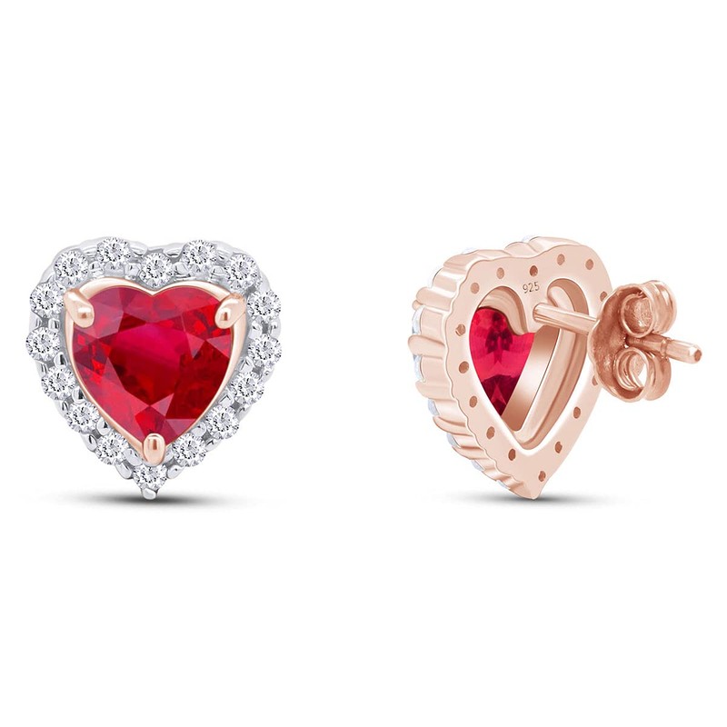 Heart Shape Simulated Ruby & White CZ Stud Earrings In