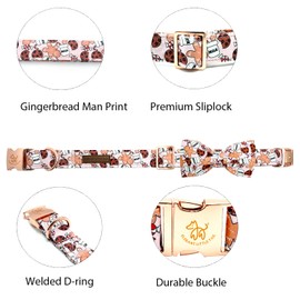 Elegant Little Tail Christmas Dog Collar - Gingerbread Man Print With Bow, Pink Cute Winter Puppy Collar, Adjustable for Medium Dogs