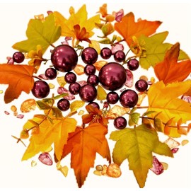 250 Floating Shades of Glowing Fall Leaves-Mums-Pearls-Pebbles-Fills 5 Gallons for Vases-with Measured Transparent Gels Floating Kit-Prep/Storage Bags & 15 Warm White Submersible Fairy Lights Strings