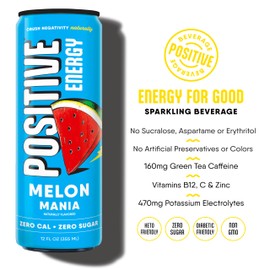 Positive Energy Beverage | Melon Mania | 12-oz Can, Pack of 12 | Zero Sugar Energy Drink, Supports Immunity and Hydration