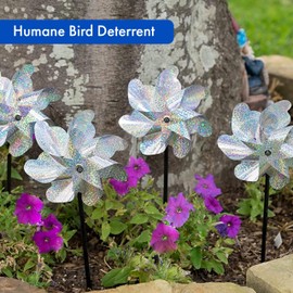 BIRD BLINDER 8-Pack Bird Deterrents for Outside - Reflective Pin Wheels for Garden and Yard - 7 x 19 in Holographic Windmills for The Yard Garden - Durable Outdoor Bird Deterrent Spinners - Silver