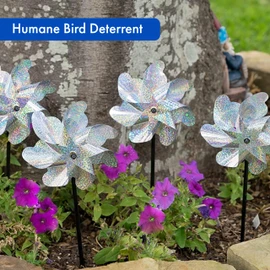 8-Pack Bird Deterrents for Outside - Reflective Pin Wheels for Garden and Yard - 7 x 19 in Holographic Windmills for The Yard Garden - Durable Outdoor Bird Deterrent Spinners - Silver