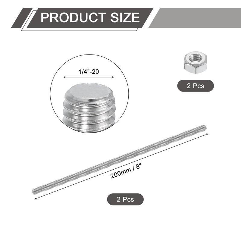 uxcell 1/4"-20 Fully All Threaded Rod, 2 Pcs 304 Stainless