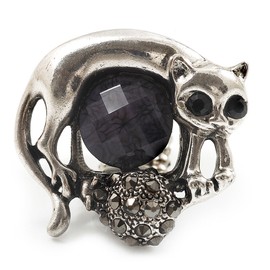 Avalaya 35mm L/Black Crystal and Acrylic Bead Cat & Mouse Stretch Ring/Aged Silver Tone