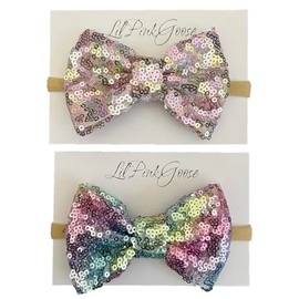 LilPinkGoose Baby Girls Neon Glitter Sequins Bow Headbands for Newborn to 1 Year Up Toddlers (Pastel Rainbow,Rainbow, 2 Count (Pack of 1)