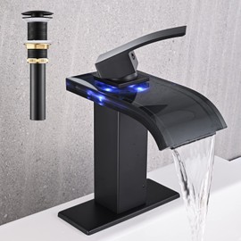 AVSIILE LED Bathroom Sink Faucet, Matte Black Waterfall Single Hole Handle Vanity Faucets for Sinks 1 Hole with Metal Pop Up Drain and 2 Water Supply Lines, Wide Glass Spout