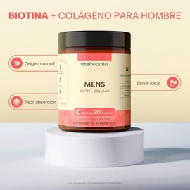 VITAL BOTANICS - Biotina + Colágeno Hidrolizado Para Hombre - Con Vitaminas A, D, E, B5 y B9, Calcio, Magnesio, Zinc - 200 Cápsulas De 500 Mg - 6 Mese