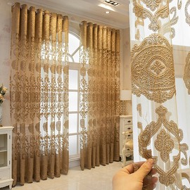Risuho Gold Brown Luxury Semi Sheers European Embroidered Hollow Drapes for Living Room Bedroom Windows Sliding Glass Patio Grommet Top 1 Pair - Each Panel 42 inch Wide by 96 inches Long