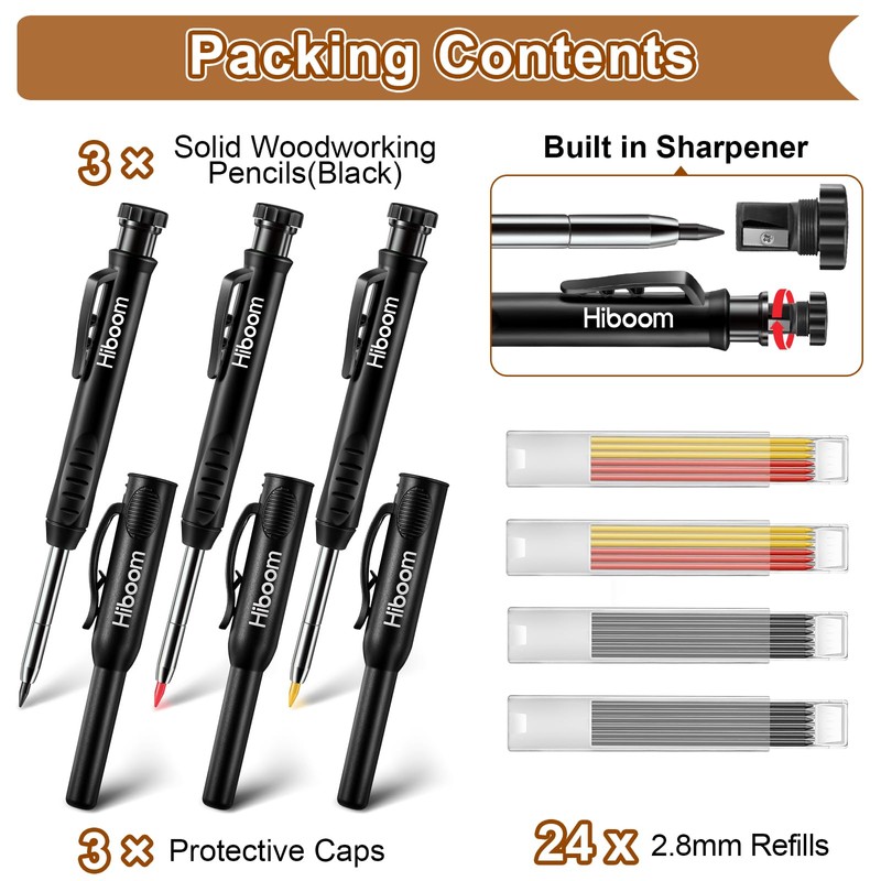 Hiboom 3 Pack Carpenter Pencil with 24 Refills (Red, Black,