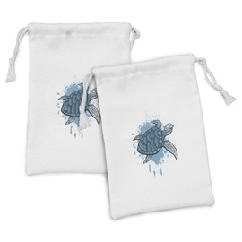 Lunarable Turtle Fabric Pouch Set of 2, Culture Inspired Shell Design Doodle Drawing Color Splashed Background, Small Drawstring Bag for Toiletries Masks and Favors, 9" x 6", Blue Dark Blue