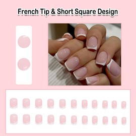 ANDGING French Tip Press on Nails Short Square White Fake Nails Gel fake on Nails with Glossy Design 24Pcs Full Cover False Nails for Wedding Women Manicure Acrylic Stick on Nail with fake AK58OP