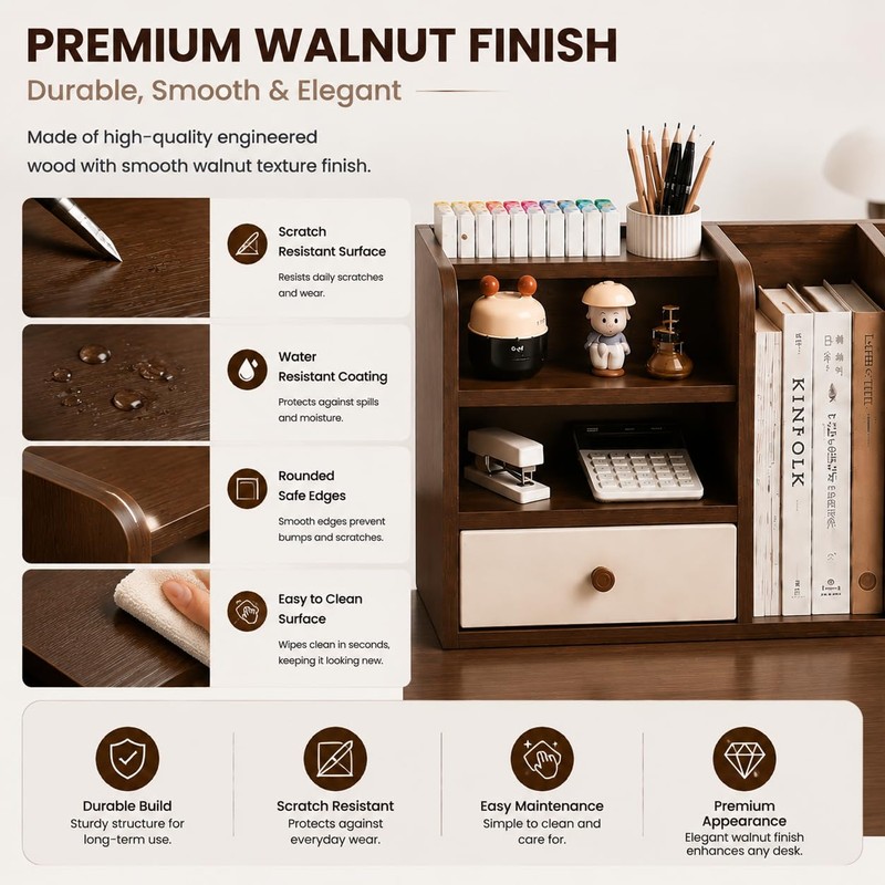 Desktop Organizer with Drawer & Dual File Compartments, Multi-Functional MDF