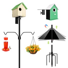 YINGYM Bird Feeder Pole, 79 Inch Heavy Duty Bird House Pole Mount Kit for Outdoors, Adjustable Feeding Stand, with 2-Hooks, Metal Squirrel Baffle and 5-Prong Base, Black