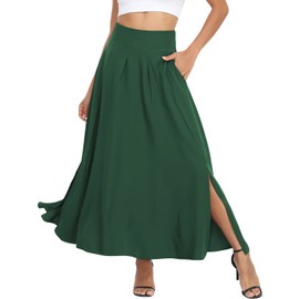 Green Long Skirts for Women Summer High Waisted Ankle Length Ladies Aline Skirt with Pockets Faldas de Mujer Elegantes L