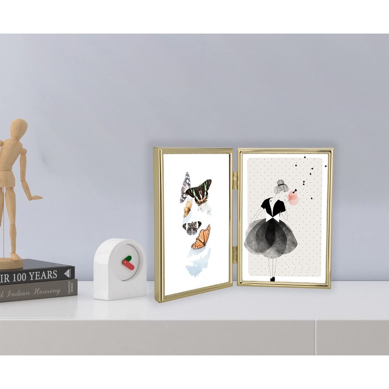 YiPinYin 5x7'' Hinged Double Simply Gold Metal Picture Frames, Elegant
