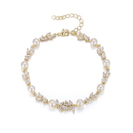 EVER FAITH Gorgeous Cubic Zirconia Wedding Link Bracelet for Bride Bridesmaids, Gold Plated Faux Pearl White Marquise Teardrop Crystal Floral Bridal Jewelry for Women Prom