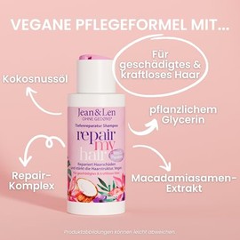 Jean & Len Shampoo Repair Kokosöl & Macadamia in Reisegröße, für geschädigtes & kraftloses Haar, beugt Feuchtigkeitsverlust vor, repariert die Haarstruktur, ohne Parabene & Silikone, vegan 50 ml