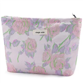 URSKYTOUS Flower Makeup Bag Travel Large Cosmetic Bag for Women Cute Rose Makeup Pouch Zipper Cosmetic Pouch for Purse Aesthetic Pink Floral Makeup Organizer Bag Portable Toiletry Bag
