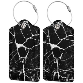 Marble Print Black White Luggage Tag with Full Back Privacy Name ID Card Stainless Steel Loop Suitcase Labels Identifiers PU Leather Baggage Tags Luggage for Women Men Kids Girls Travel (1pcs)