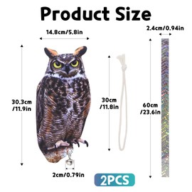Kungfu Mall Fake Owl Decoy to Scare Birds, 2PCS Pigeon Deterrent Bird Scarer Reflective Owl Hanging Decoration Bird Control Device to Keep Birds Away from Garden Patio Windows
