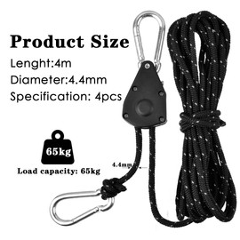 4 mm Reflective Guy Ropes Rope with Rope Tensioner 4 Pieces, 13 ft/4 m Guy Ropes Camping Adjustable Rope Ratchet Rope Rope Ratchet with Hook, Paracord Rope Guy Line Tent Rope Tent Cord with Tensioner