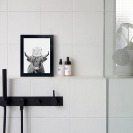 Black Framed Bathroom Decor - Funny Highland Cow Wall Art in Bathtub, Black and White Canvas Cow In Bathroom Picture, Humor Animals Artwork Prints, Rustic Farmhouse Style Wall Decor Ready To Hang for Living Room, Bathroom, Bedroom, Kids Bathroom