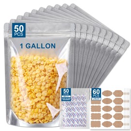 50 Packs 1 Gallon Mylar Bags for Food Storage with Clear Window,Reusable Mylar Bags with Oxygen Absorber for Grains, Wheat, Rice, Legumes, Meat Long Term Food Storage (9.44 mils,14 * 10 Inch)