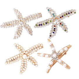 4PCS Starfish Hair Clips for Women, Rhinestone Pearls, Elegant Sea Star Snap Hair Clips, Crystal Ponytail Holders, Large Decorative Hair Barrettes Wedding Accessories for Women Bride