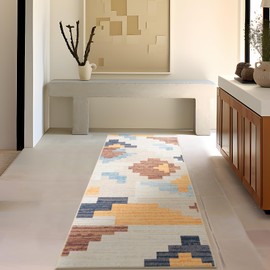 Phantoscope Hallway Runner Rug 2'x6'- Long Rug Runner Boho Washable Pixel Style Non-Slip Carpet for Kitchen Entryway Laundry Bedroom, Ultra-Thin Modern Design Runners Rug, Beige/Multi