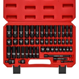CASOMAN 3/8" Drive Impact Socket Set, 49 Piece Standard SAE and Metric Sizes (5/16-Inch to 3/4-Inch and 8-22 mm), 6 Point, Cr-V Steel Socket Set